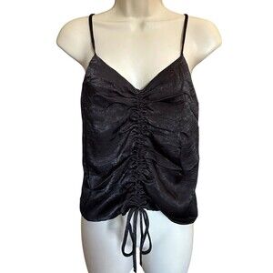 Monteau LA Junior's Ruched Front Blouse Top V-Neck Sleeveless Size L Black